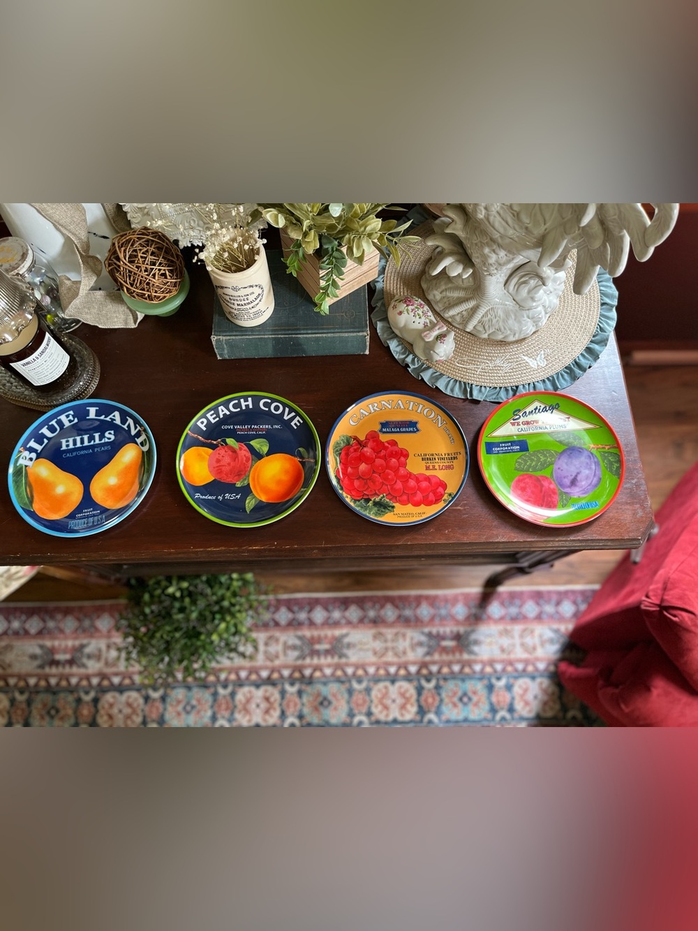 Beautiful Hard Plastic Plates - Peach, Pear, Grape, Mixed Fruit Designs Set of 4